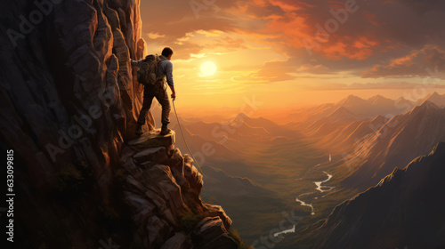 A hiker stands on a high rocky mountain looking at sunrise sky. Determination, persistence, perseverance, effort, and success. Generative AI