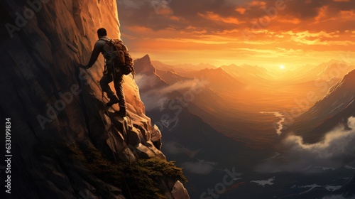 A hiker stands on a high rocky mountain looking at sunrise sky. Determination, persistence, perseverance, effort, and success. Generative AI © KikkyCNX