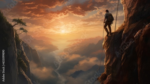 A hiker stands on a high rocky mountain looking at sunrise sky. Determination, persistence, perseverance, effort, and success. Generative AI