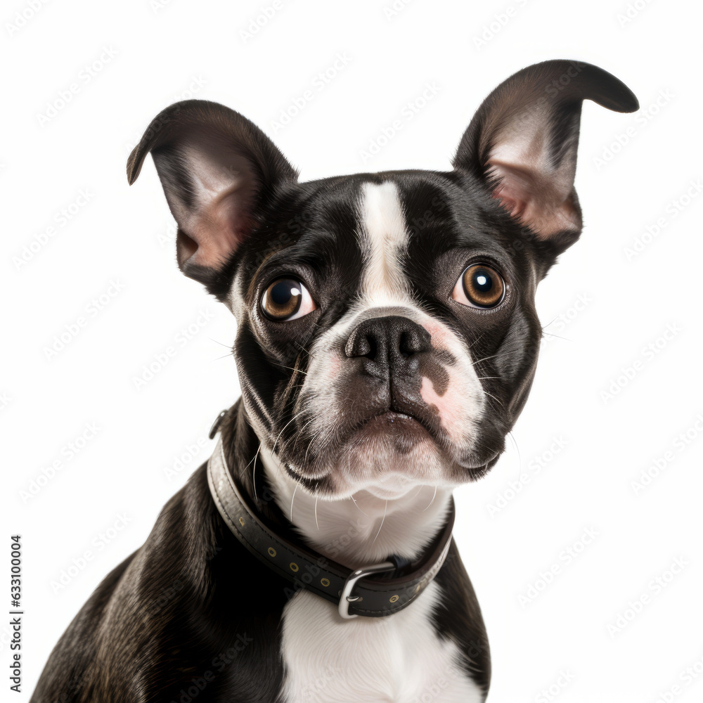 Confused Boston Terrier Dog with Tilted Head on White Background