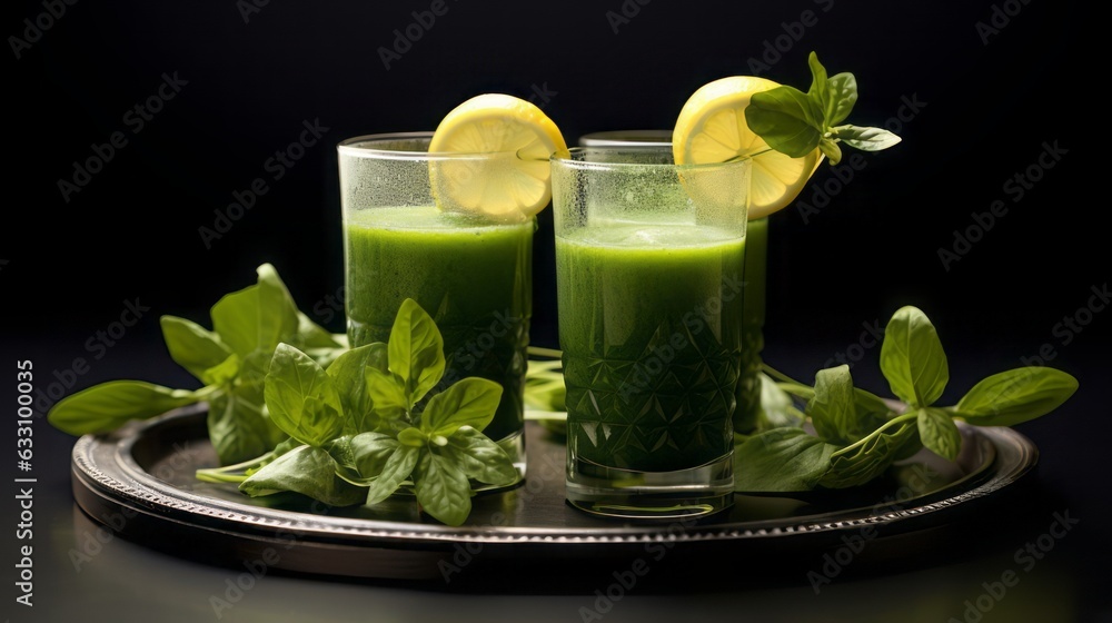 Fototapeta premium three glasses of vibrant green spinach smoothies arranged on a stone plate, with a straw, inviting the viewer to savor the refreshing drink. 16:9