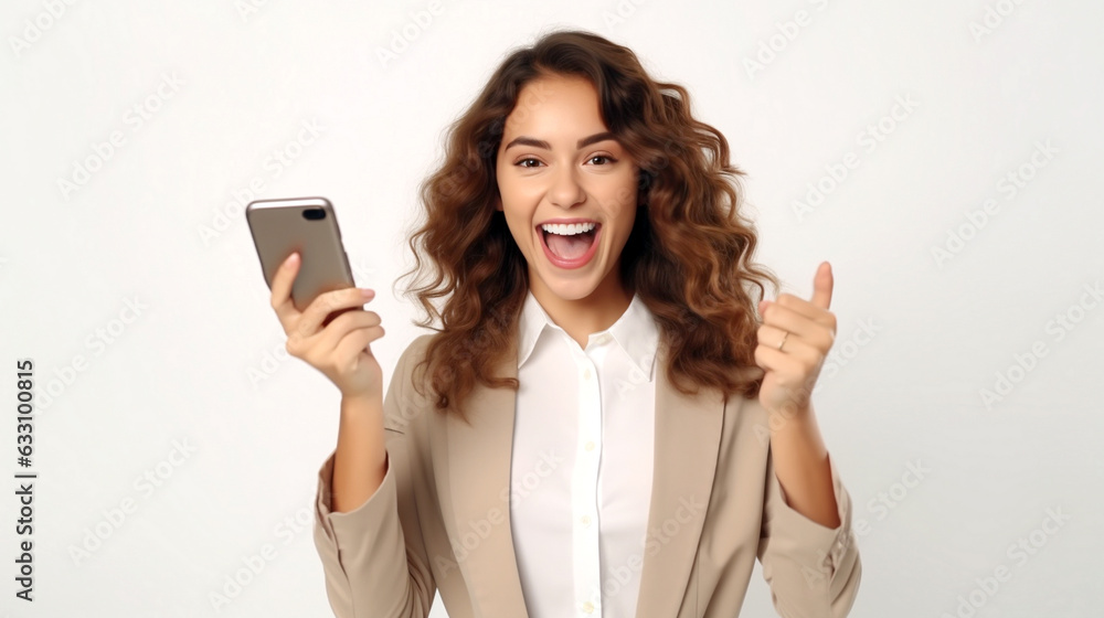 Fototapeta premium woman with mobile phone success isolated