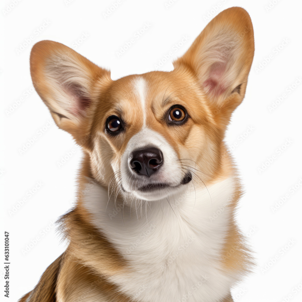 Isolated Portrait of Confused Pembroke Welsh Corgi Dog with Tilted Head on White Background
