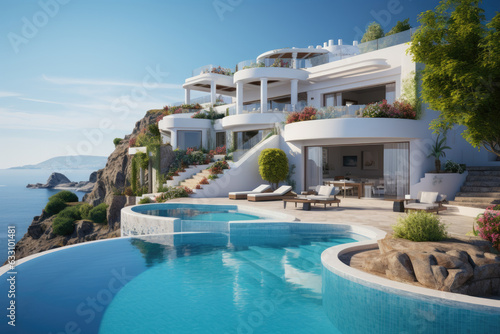 Modern mediterranean white house with swimming pool overlooking the sea. Generative AI © Dinara