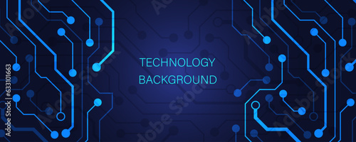 Abstract technology background with various technology elements. Hi-tech communication concept innovation background. Circuit board electronic or electrical line on blue tech background.