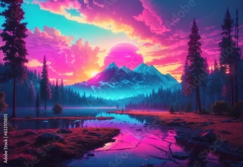 Beautiful forest landscape with a sunset synthwave style