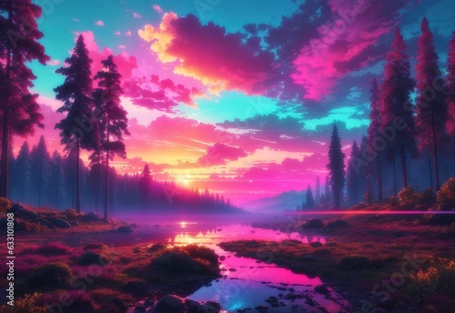 Beautiful forest landscape with a sunset synthwave style