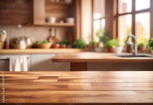 Beautiful empty brown wooden table top and blurred defocused modern kitchen interior background with daylight flare