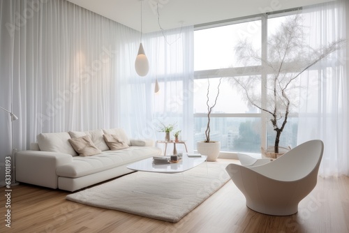 The living room features a minimalist Scandinavian design, characterized by its white color scheme. It includes tuft root plants, rugs placed on the wooden floor, and small throw pillows for extra