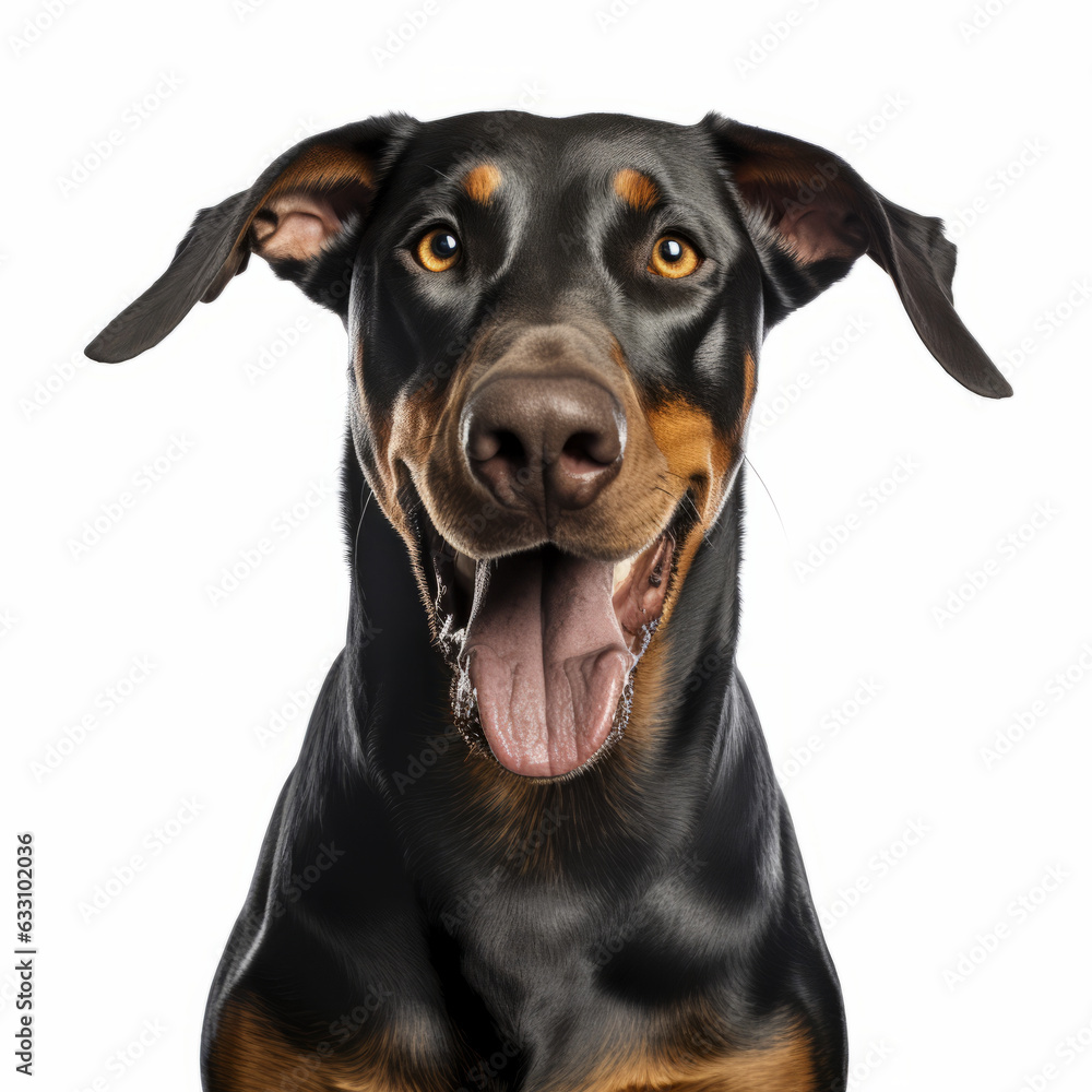 Portrait of a happy and smiling Doberman Pinscher dog with a white background