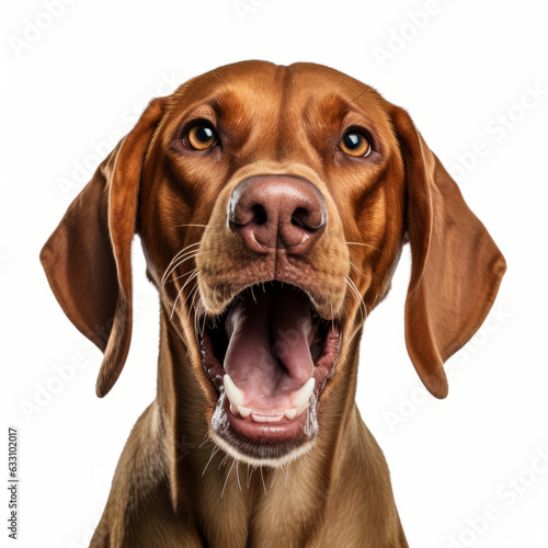 Angry Vizsla Dog Growling Aggressively on White Background