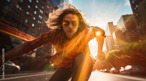 Double exposure photos of a person riding a skateboard on a New York streets. Generative AI