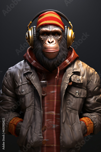Fotografiet A chimpanzee with headphone listening to music, Portrait of a stylish fashion DJ
