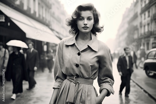 woman walking in Paris in 1950 monochromatic vintage