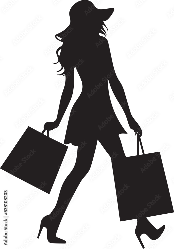 shopping girl with shopping bag vector silhouette illustration black color
