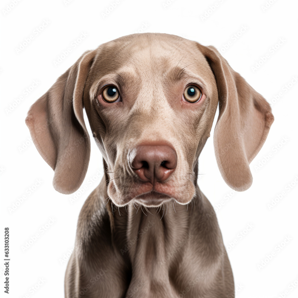 Isolated Weimaraner Dog with Visibly Sad Expression on White Background