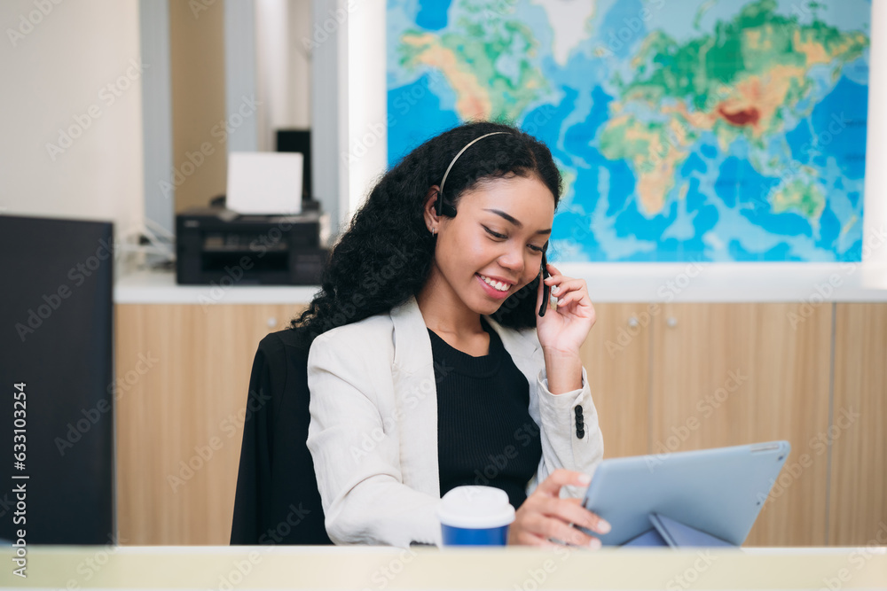Portrait of female customer support phone at workplace. Woman with headset working and operator. Service call center. Portrait of female customer support phone at workplace. Woman with headset working and operator. Service call center.