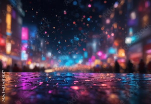 Abstract bokeh background illuminates the scene, capturing the vibrant city lights in a dazzling display