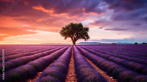Harmonische Szenerie: Lavendelfeld mit zentralem Baum