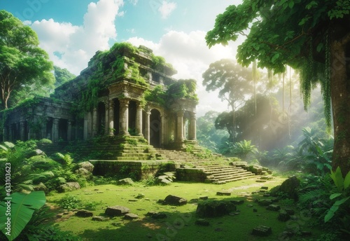 A lush Amazonian jungle glade clearing with stone temple ruins. Fantasy forest landscape with green trees and bushes