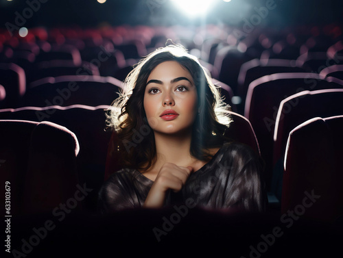 Woman sits on the front row in a cinema in an empty hall. The girl is watching a movie alone.