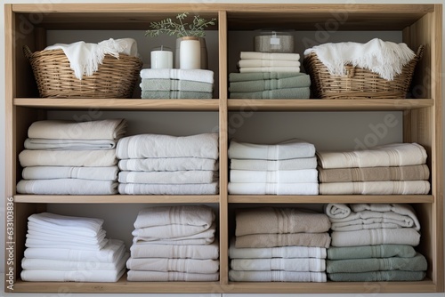 The linen cupboard shelves in this eco friendly storage solution are neatly folded and organized using straw baskets, closet organizer drawers, and dividers. The shelves are filled with stacks of