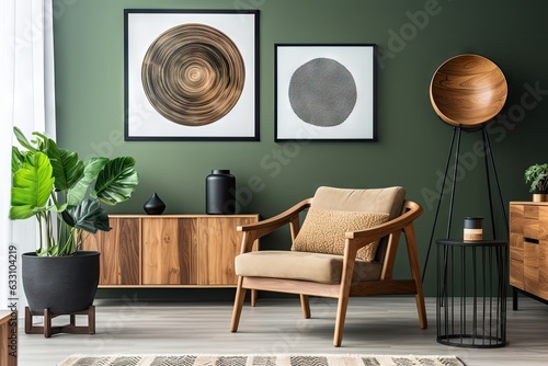 The living room has an interior design featuring a mock up poster frame  a round black coffee table  a wooden sideboard  a stylish chair  plants  a rack  a lamp  and personal accessories. The decor