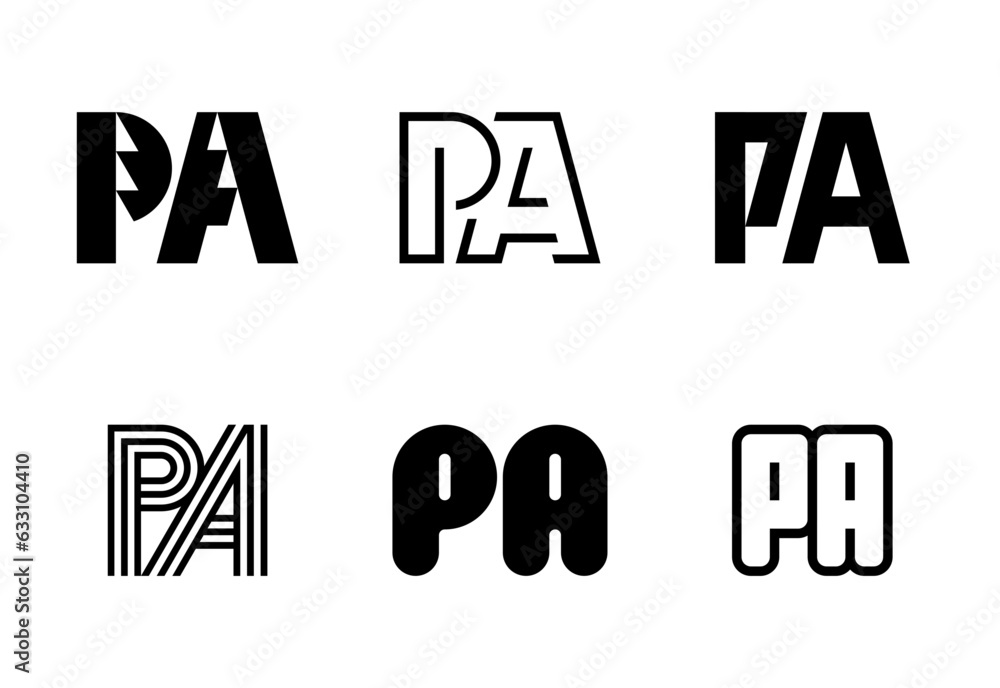 Set of letter PA logos. Abstract logos collection with letters. Geometrical abstract logos Set of letter PA logos. Abstract logos collection with letters. Geometrical abstract logos