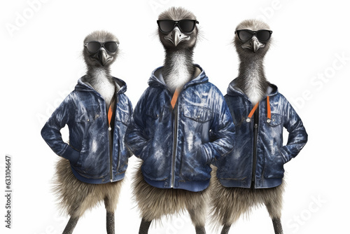 3 Emus in sportlicher Kleidung und Sonnenbrillen, 3 emus in sporty clothes and sunglasses, photo