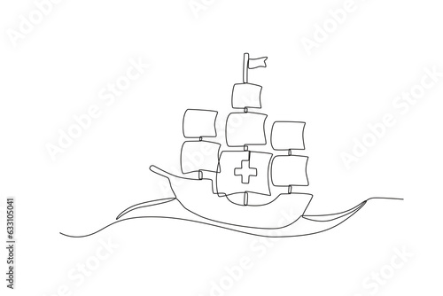 A ship sails through the ocean. Colombus day one-line drawing