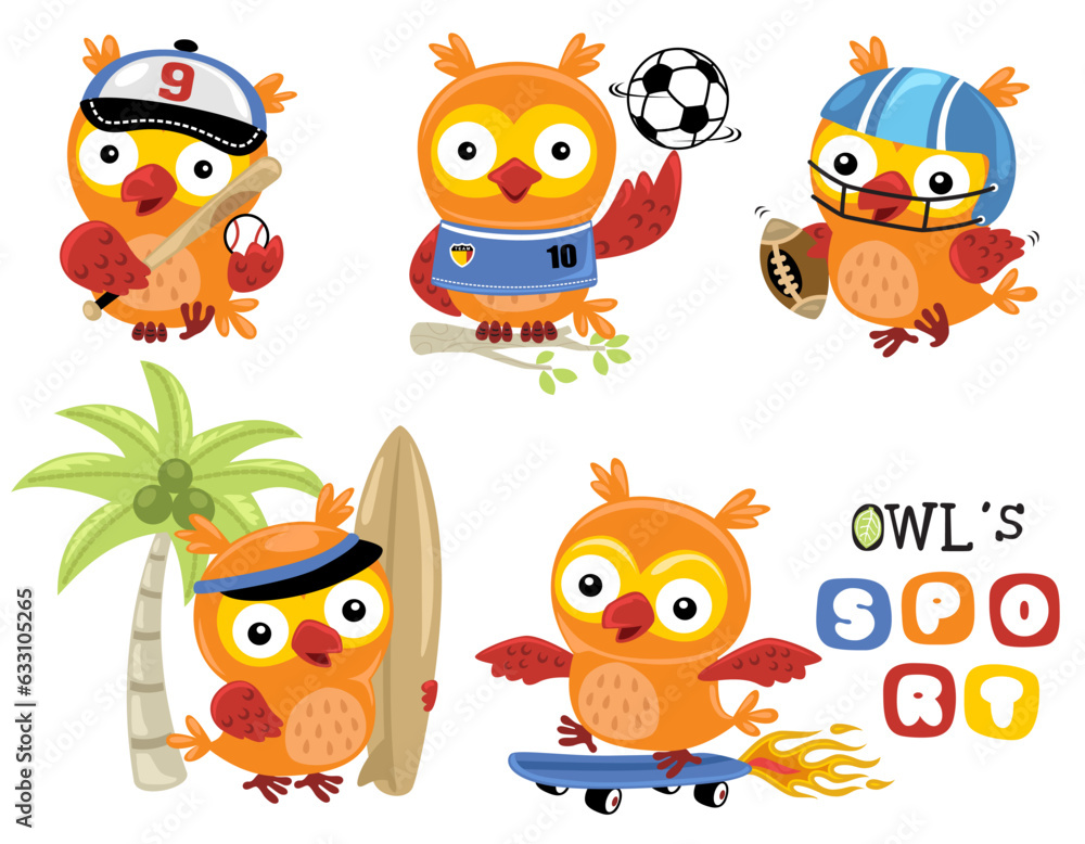 Fototapeta premium Group of cute owl cartoon in different sports activity