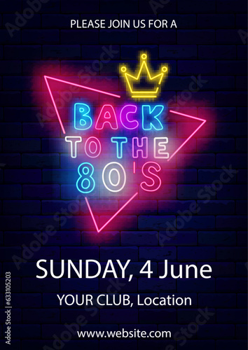 Back to the 80s party neon flyer. Vertical poster template. Triangle frame with crown. Vector stock illustration