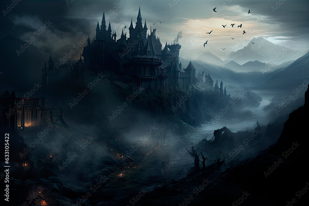 medieval dark castle on a big rock at night medieval dark castle on a big rock at night