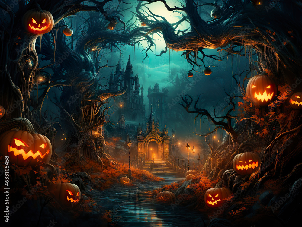 In a mystical Halloween scene, a path winds through an enchanted forest, beckoning with a banner of otherworldly allure and anticipation. Magical fantasy halloween. Generative AI