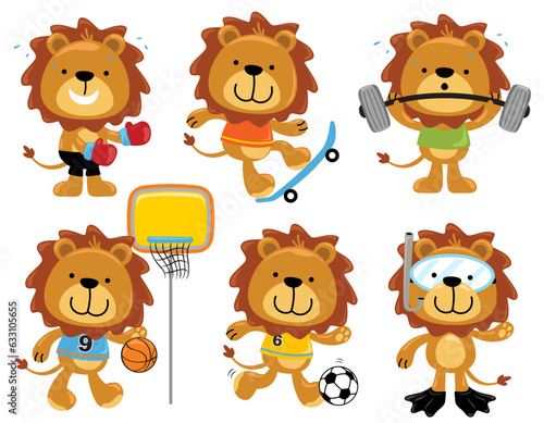 Fototapeta Naklejka Na Ścianę i Meble -  Vector set of funny lion cartoon in sports activity