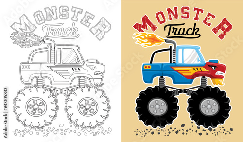 Vector illustration of monster truck cartoon. Coloring book or page