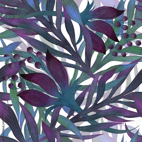 Pattern from 3 layers of watercolour tropical flowers and leaves of purple, lilac, green and blue colour on the white background. photo