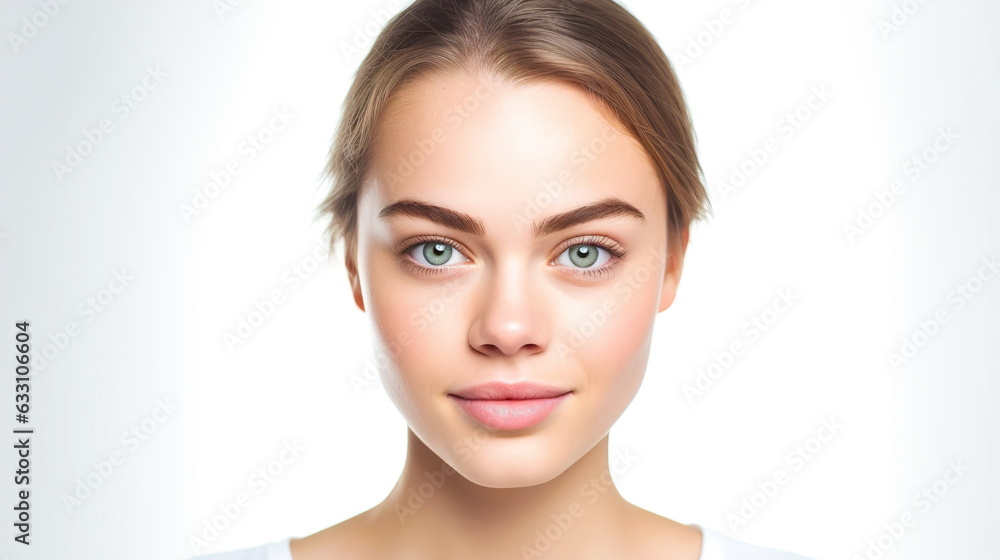 Close-up portrait of a young woman with clean skin looking directly into the lens on a light background. Close-up portrait of a young woman with clean skin looking directly into the lens on a light background.