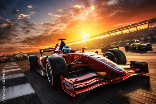 Process Competitions of Race car formula, banner motorsport on background sunset photo
