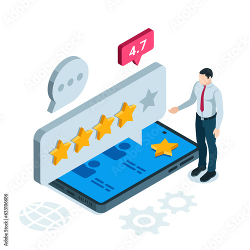 isometric man near smartphone and text bubble with stars in color on white background, setting rating or popularity