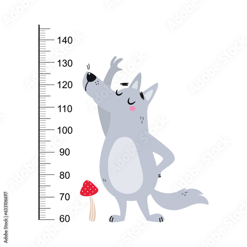 Growth Ruler with Cute Wolf Animal at Kids Height Meter Vector Illustration