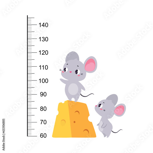 Growth Ruler with Cute Mouse Animal at Kids Height Meter Vector Illustration