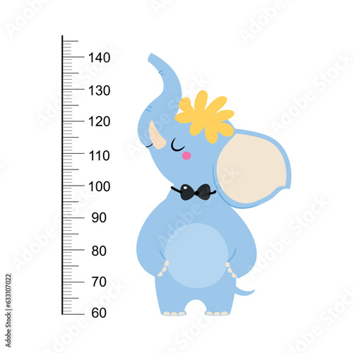Growth Ruler with Cute Elephant Animal at Kids Height Meter Vector Illustration