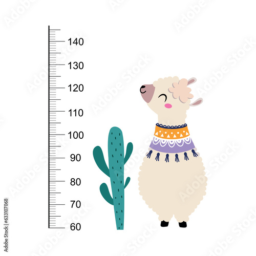 Growth Ruler with Cute Llama Animal at Kids Height Meter Vector Illustration