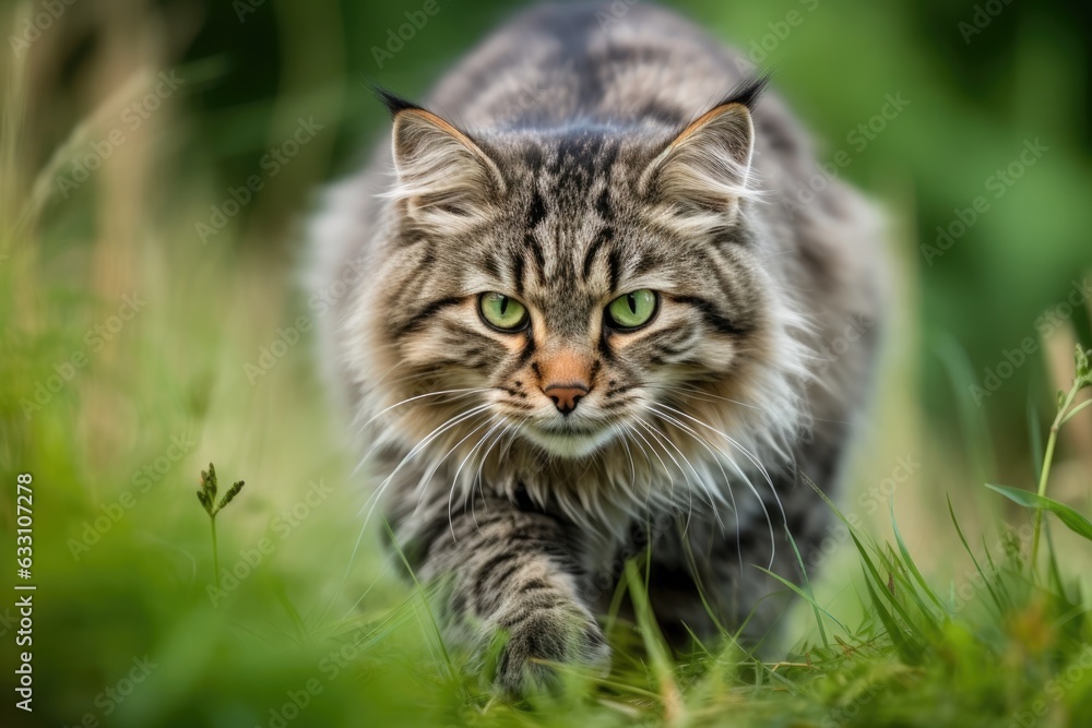 Cat on a green lawn. Portrait of a fluffy gray cat with green eyes in nature,