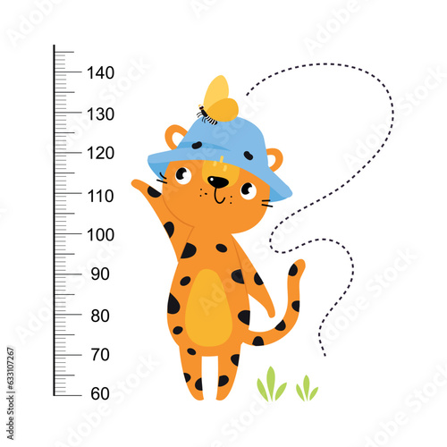 Growth Ruler with Cute Leopard Animal at Kids Height Meter Vector Illustration