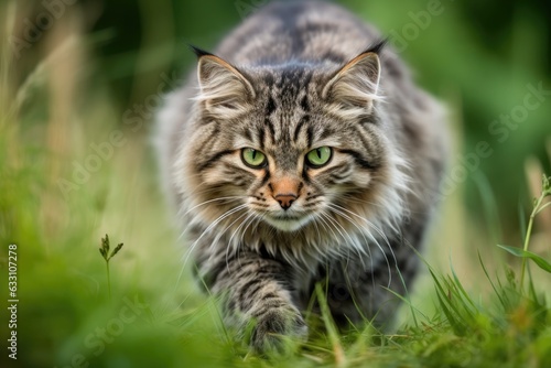 Cat on a green lawn. Portrait of a fluffy gray cat with green eyes in nature,
