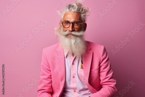bearded senior hipster in pink dress
