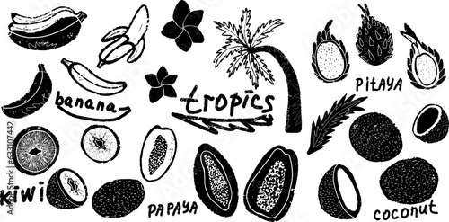  Tropics. Exotic, vector grainy set of textural black elements for design, grunge jagged graphic patterns.