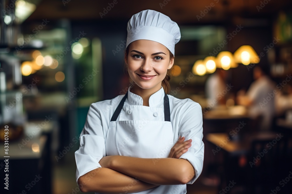 smiling attractive female chef posing in restaurant